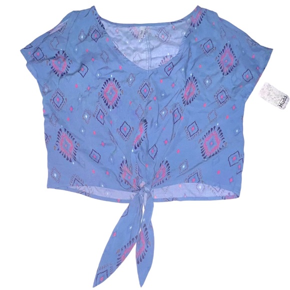 New Mudd Oversized Tie Front Cold Shoulder Cropped Short Sleeve Blouse, XXS, NWT - Picture 1 of 12